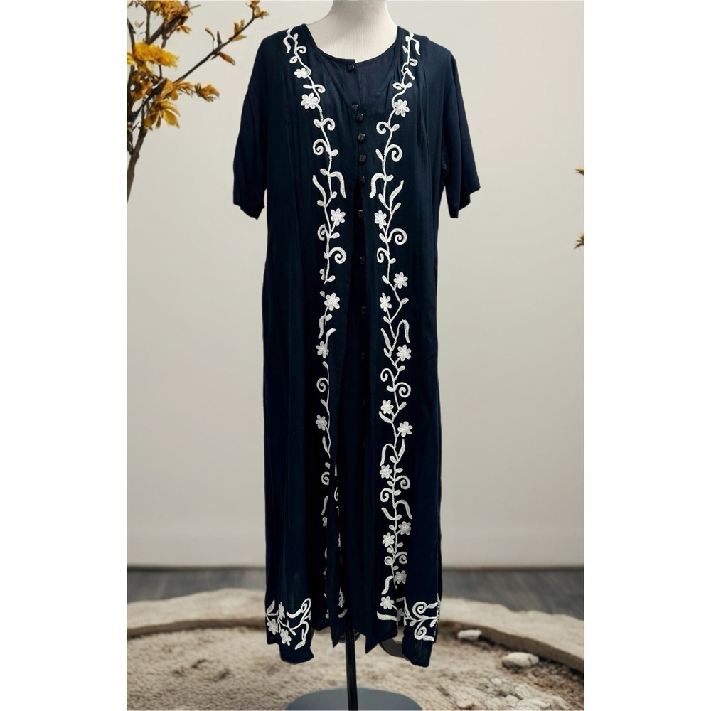 Marisol Women's Size-XL Midi Dress Embroidered Dark Blue Rayon